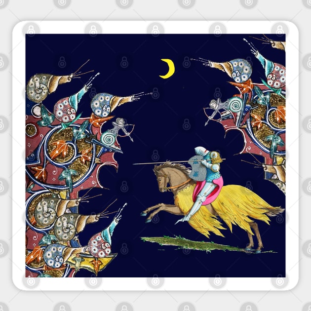 WEIRD MEDIEVAL BESTIARY WAR, KNIGHT HORSEBACK COMBATTING GIANT SNAILS IN THE NIGHT Sticker by BulganLumini